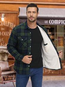 KEFITEVD Men's Fleece Flannel Shirt Jackets Winter Sherpa Lined Plaid Coats Button Down Warm Casual Work Jackets - 綠色 - 查看 2