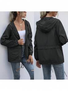 Women Water Resistant Hooded Jacket, Solid Color Zipper Open Front Drawstring Coat, L/ XL/ XXL - Black - View 1