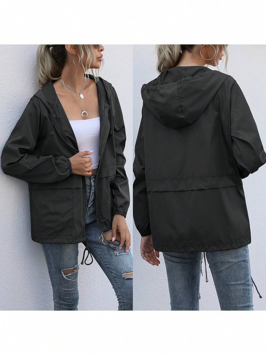 Women Water Resistant Hooded Jacket, Solid Color Zipper Open Front Drawstring Coat, L/ XL/ XXL - Black - View 1
