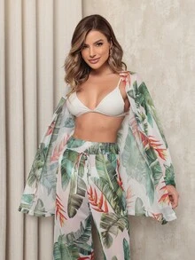 Printed Tulle Beach Cover-Up, Shirt And Pants Set - Olive Green - View 1