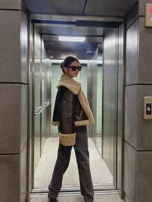 Camellia Winter New Short Warm Double-Sided Motorcycle Jacket, Women's Brown Faux Leather Shearling Collar Coat - Coffee Brown - View 3