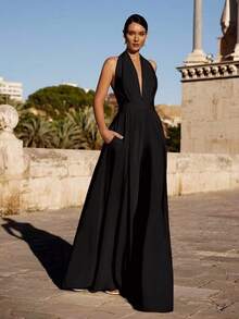 Solid Color Knit Fabric Backless High Slit Zipper Jumpsuit, Suitable For Holidays, Birthdays, Parties, Back To School, Singles' Parties, Stages And Concerts, Spring/Summer