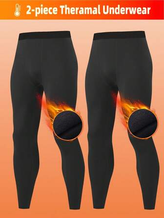 2pcs Men's Thermal Lined Base Layer Pants, High Elasticity Waist Compression Leggings, Solid Color, Knit Fabric, Suitable For Casual & Formal Occasions, Autumn/Winter Thermal Pants