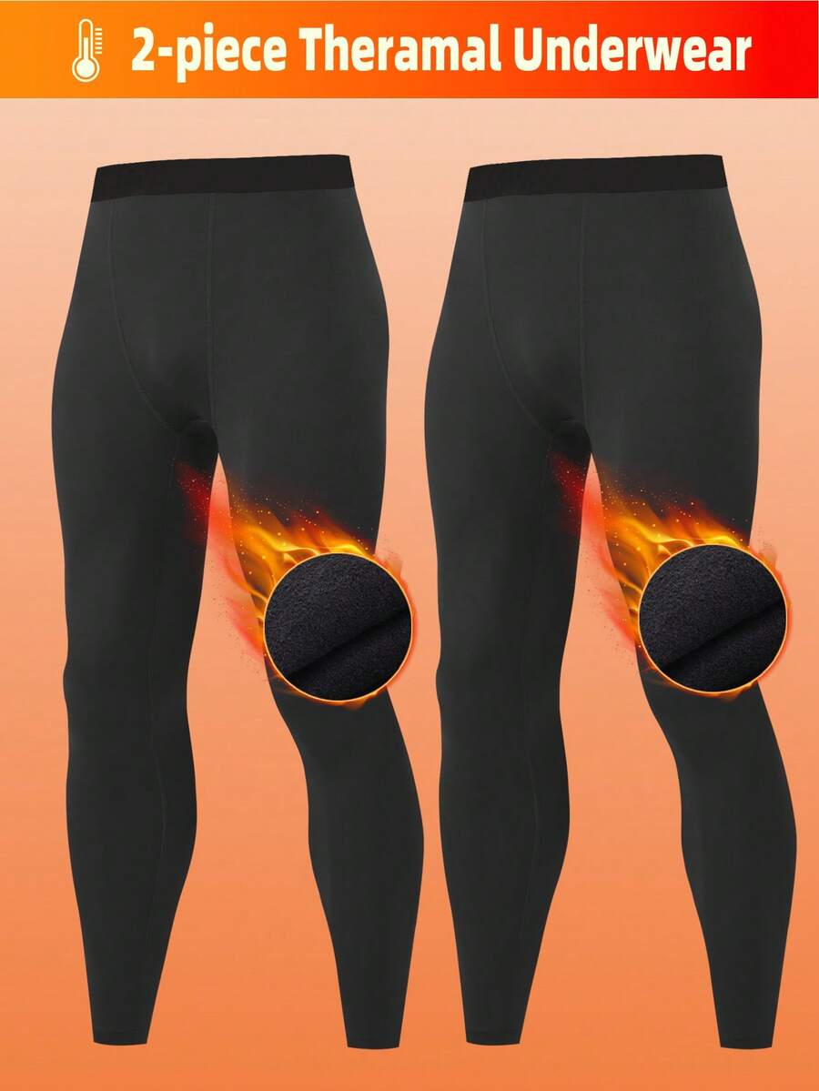 2 piezas Pantalones de capa base térmica para hombres, pantalones de compresión con cintura elástica, unicolor, tela de punto, adecuados para ocasiones casuales y formales, pantalones térmicos de otoño/invierno
