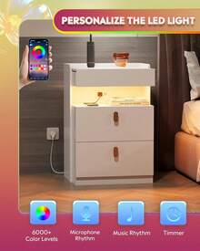 Nighstand With Charging Station And LED Lights, Night Stand With Sliding Top, Modern Bedside Table With 2 Drawers, End Tables For Bedroom, Living Room - 白色 - 查看 6