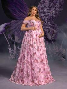 Faeriesty Dressalisa Plus-Size Flower Pattern Maternity Gown With Off-Shoulder Back Tie & High-Slit Tulle Hem – Elegant Romance Maternity Dress For Spring/Summer Weddings, Parties & Glam Events (Flattering Silhouette, Confident Glamour) - Pink - View 7