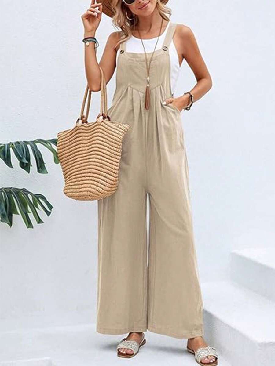 tooluck Women's Strapless Sleeveless Pleated Front Wide-Leg Overalls With Two Side Pockets, A Relaxed Fit, And A Retro Resort Style. - 卡其色 - 查看 1