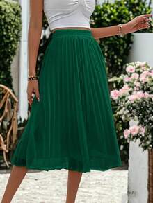 tooluck Women's Solid Elegant Ribbed Knit Pleated Office Wedding Beach Skirt - 軍綠色 - 查看 1