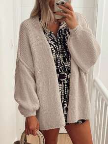 Women's Oversized Cardigan Fall Long Lantern Sleeve Knit Cardigan Lightweight - Gray Apricot - View 4
