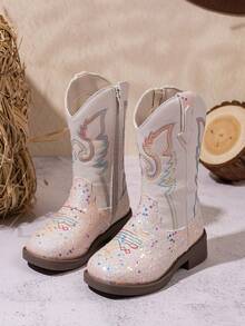 1 par de botas casuales y exteriores de punta cuadrada de PU brillante para niños, color blanco cremoso - Beis - Ver 10