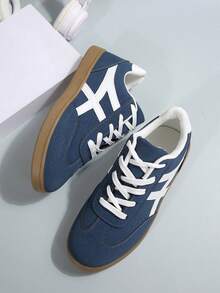 女士时尚新款春秋圆头户外休闲运动鞋，几何拼接条纹粉色运动鞋，舒适柔软休闲鞋，滑板鞋，白色运动鞋 - 藍色 - 查看 8