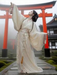 2025 Improved Chinese Traditional Hanfu Dress, 3 Pieces Set, Daily Commute & Travel Photography, Elegant Water Ink Jacquard Skirt - White - View 10