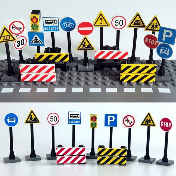 Kit de construcción de bloques tipo MOC de señales de tráfico y accesorios de vista de calle, incluyendo señales de tráfico, barreras, indicadores de límite de velocidad, luces de advertencia, decoración de habitación, modelo de carretilla elevadora, kit de arquitectura DIY, límite de velocidad 2, kit de modelo para adultos, bloque de luz, ciencia física