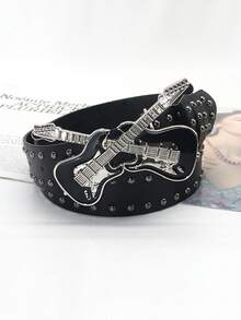 1 件女士朋克吉他几何图案铆钉 PU 皮革腰带，装饰性，派对 - 白色 - 查看 1