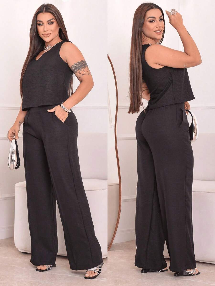 Conjunto Calça Pantalona Feminino e Blusa Regata Social Decote Elegante Wid Leg - Preto - Visão 1