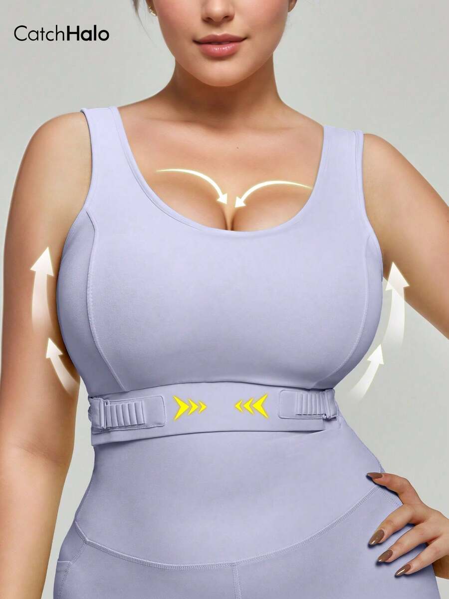 Plus Size Women's Adjustable Sports Bra, Soft & Comfortable, Criss-Cross V-Back Design, 4-Way Stretch, Suitable For Sports & Leisure Fall