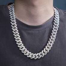 Cuban Necklace Men Women Miami Cuban Necklace Rhinestones Fashion Necklace 14mm Silver - 銀色 - 查看 3