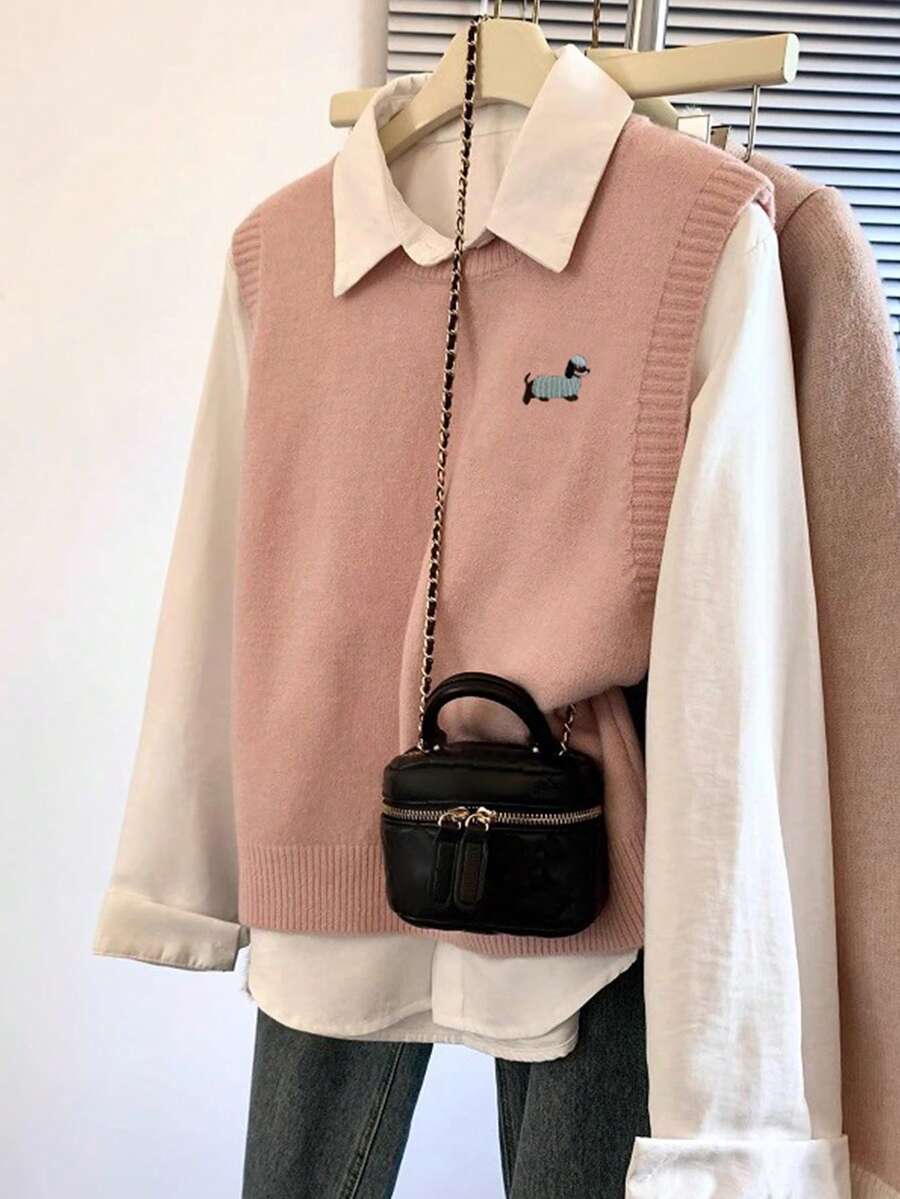 Alicedudu Women's Cartoon Pattern Crew Neck Pullover Vest, Autumn/Winter - Pink - View 1