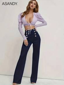 Women's 70s Retro Style High Waist Flare Pants With Gold Buttons, Vintage Office & Casual Wear - Navy Blue - View 5