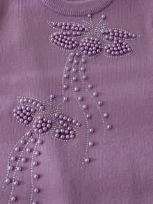 2pcs Set: 1pc Girls Elegant Beaded Butterfly Knit Sweater Top And 1pc Beaded Butterfly Knit Sweater Pants Set, Suitable For Casual Everyday Wear, Spring/Autumn/Winter - Purple - View 5