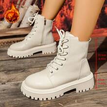 Women's White Thick Sole Boots, British Style Short Boots With Warm Lining For Autumn/Winter