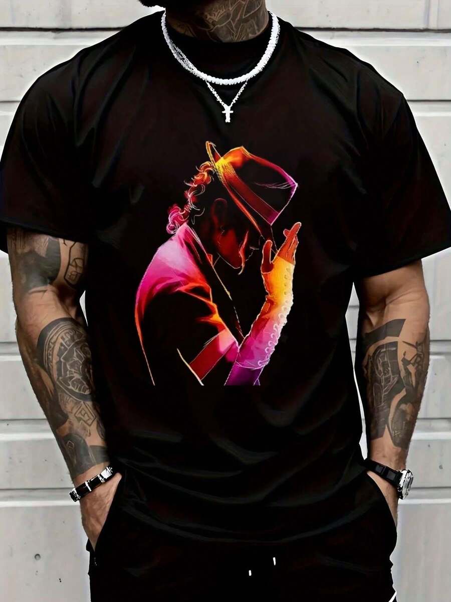 100% Cotton Men Shirt Vintage MJ Music Superstar Artist Black T-Shirt - Casual Shirt, Unisex Shirt, Soft Fabric, Breathable, Comfortable, Short-Sleeved Retro - 黑色 - 查看 1