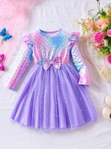 Young Girls Casual Cap Sleeve Asymmetrical Fish Scale Floral Print Bow Mesh Sequin Long Sleeve Dress