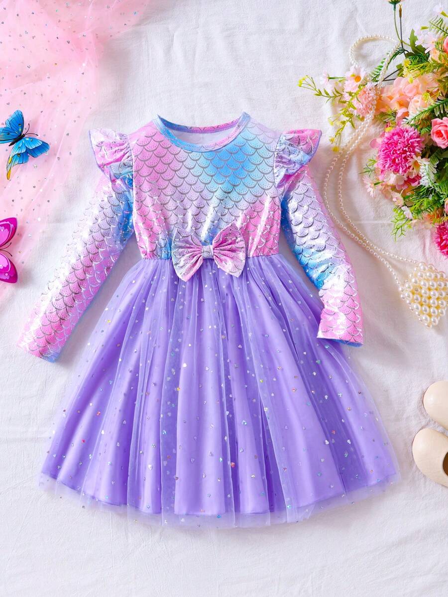 Young Girls Casual Cap Sleeve Asymmetrical Fish Scale Floral Print Bow Mesh Sequin Long Sleeve Dress