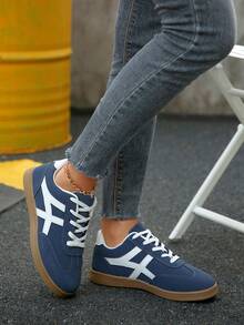 女士时尚新款春秋圆头户外休闲运动鞋，几何拼接条纹粉色运动鞋，舒适柔软休闲鞋，滑板鞋，白色运动鞋 - 藍色 - 查看 6