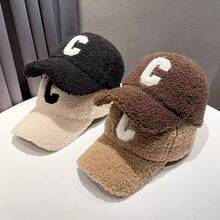 1件中性款純色字母C刺繡毛絨保暖學生街頭時尚羊羔絨蓬鬆彎帽簷爸爸帽棒球帽，適合情侶戶外運動，秋冬款 - 多色 - 查看 11