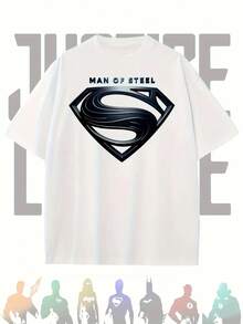 New New Men's Justice League Graphic T-Shirt - ""  Logo, Black Casual Crew Neck Short Sleeve T-Shirt, Comfortable For Spring And Summer, Daily T-Shirt With Fun Text Design, Casual Wear T-Shirt |   T-Shirt With Firm Pattern |   Comfortable Fit T-Shirt - 黑色 - 查看 8