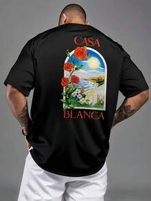 Camiseta Casual de Manga Corta para Hombre - Impresión Gráfica de Casa Blanca con Motivo Floral y Paisajístico, Verde Brillante, Ajuste Regular para Actividades al Aire Libre en Verano, Telas Cómodas - Negro - Ver 2