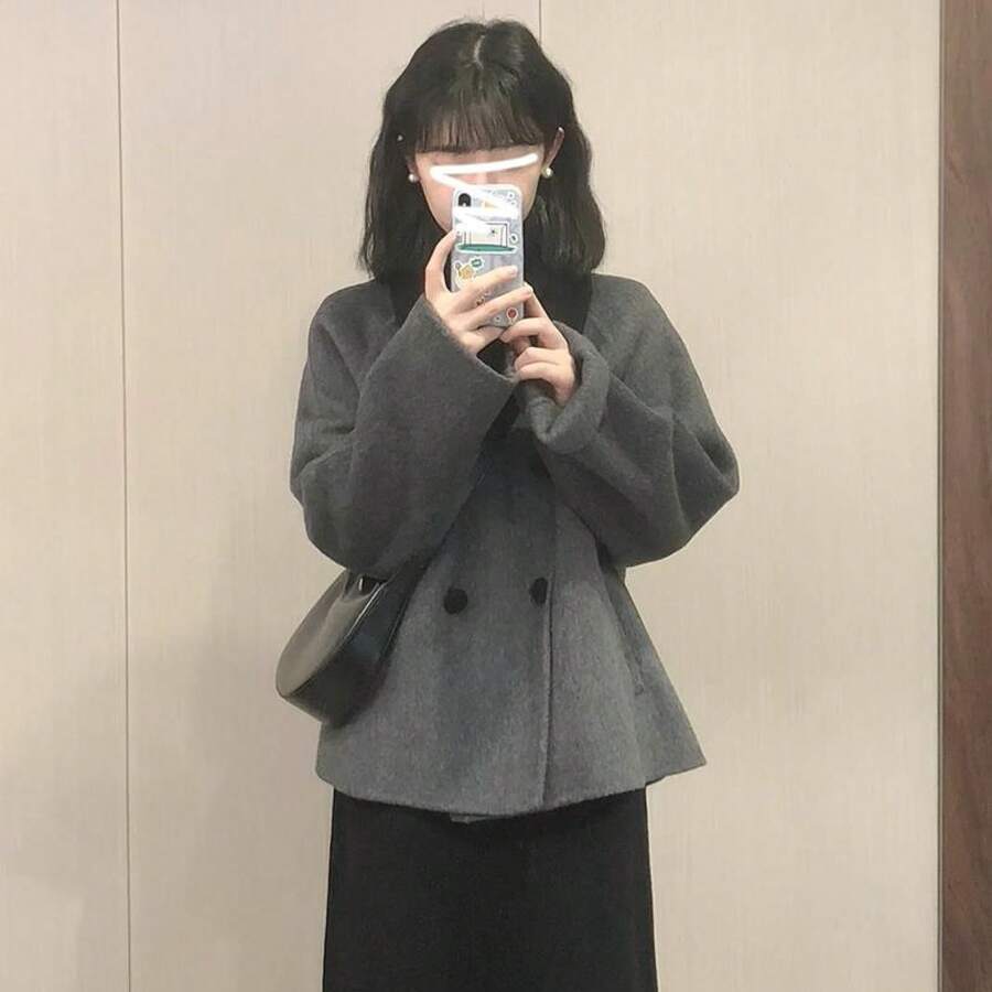 2025 年秋冬の新作ヘボンスタイルショートウールコート小柄な人向け韓国スタイルグレーウールコート女性用 - [グレー] - チェックする 1