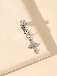 1pc Faux Belly Button Ring With Cross Zirconia Inlay, Non-Piercing Clip-On, Fashion Body Jewelry Gift For Women, Suitable For Any Occasion - Silver - View 3