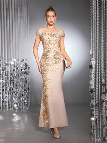 Modphy 全新性感露肩奢华串珠亮片刺绣修身露背绷带超长美人鱼连衣裙，优雅闪亮女士婚礼宾客伴娘派对礼服 - 杏色 - 查看 3