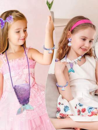 Girls Mermaid Jewelry Set, Including Sequin Handbag, Shoulder Bag, Red Wig, Hair Clip, Headband, Earrings, Pearl Bracelet And Pearl Necklace; Suitable For Party Or Daily Outfit, Great Gift For Birthday, Holiday Or Back To School