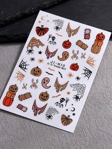 Halloween Nail Stickers, Patterns Include Ghosts, Bats, Insects, Spiders, Asymmetric Geometric Border Design, Gold Hollow Pattern, Suitable For Women DIY Nail Salon, Halloween Decoration - 彩色 - 查看 10