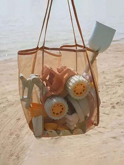 1 pieza Bolsa de juguetes de playa, bolsa de playa plegable de gran capacidad para guardar juguetes, conchas, ropa y toallas, material de malla ligero (No sobrecargar con artículos pesados, no para usar como mochila o bolsa de compras)