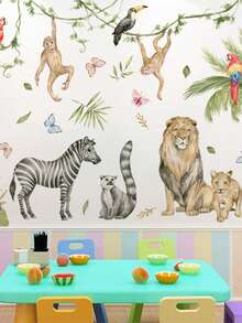 1 Set Cute Cartoon Small Animal Green Plant Combination Wall Sticker Glass Bedroom Children's Room Living Room Kindergarten Background Decoration Wall Sticker