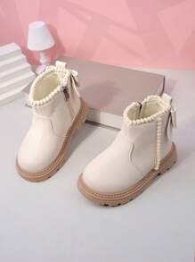 1 双幼儿女童米色靴子，纯色软 PU 材质，低帮，侧面绒球拉链设计，圆头，厚底，防滑，舒适，时尚休闲可爱正装靴，适合 3-15 岁女学生，室内/室外，派对，2025 秋冬新品