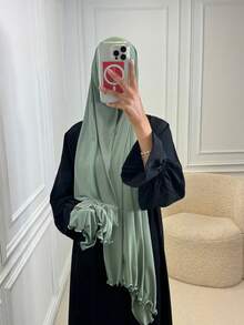 1件装女士休闲纯色柔软莫代尔荷叶边头巾，保守素色头巾，适合日常穿着。 - 綠色 - 查看 7