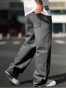 Men's High Waist Loose Jeans Baggy Straight Leg Denim Pants Trousers - Màu nâu Sô-cô-la - Xem 7