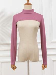 1 件女式纯色弹力氨纶高领插肩袖短上衣披肩领仿夹克上衣，长袖，百搭颜色，秋冬