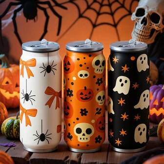1 Stück 500ml Halloween limitierte Auflage Edelstahl isolierte Cola Dose, mit verschiedenen Elementen wie Kürbisse, Geister, Skelette usw., Küchenutensilien, Haushaltswaren, eine gute Wahl für den Eigengebrauch und als Geschenk, ein Urlaubsgeschenk.