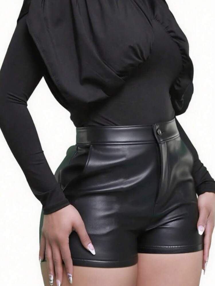 Short en PU noir SMILE CHIC, couleur unie polyvalente avec fermeture éclair et boutons, automne/hiver