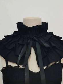Womens Fake Ruffle Collar False Neck Collar Detachable Solid Color Tie-Up Front Ruched Dickey Collar - màu đen - Xem 1