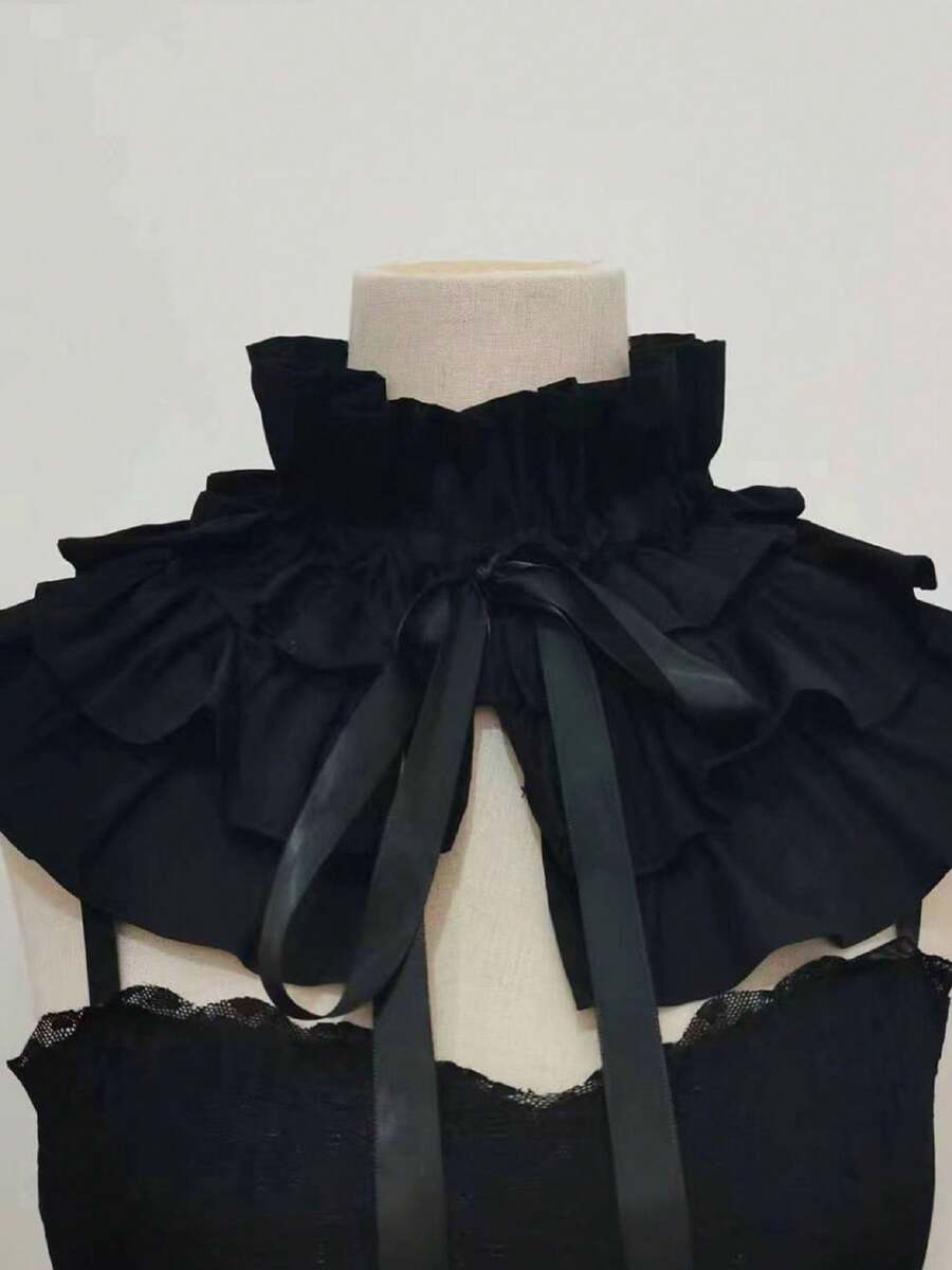 Womens Fake Ruffle Collar False Neck Collar Detachable Solid Color Tie-Up Front Ruched Dickey Collar - màu đen - Xem 1