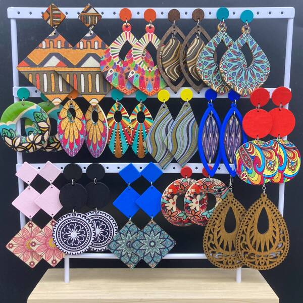 1 Pair Exaggerated European And American Fashion Natural Wood Double Circle Patchwork Colorful Large Hoop Earrings, Bohemian Style, Beach Party Decorative Accessories, Earrings For Women & Girls, Daily Wear, Holiday Gift