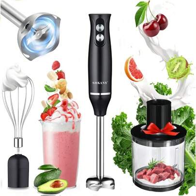 SOKANY 4-In-1 Hand Blender Set, Includes Multi-Function Immersion Blender, Whisk, Chopper And Measuring Cup, Suitable For Food Processing And Baby Food Blending