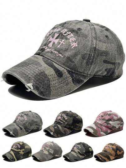 1pc Vintage American Cute Camo Cross Embroidered Baseball Cap, Couple Street Fashion Camouflage Hat For All Matches, Distressed Soft Crown Snapback, Hip Hop Curved Brim Cap